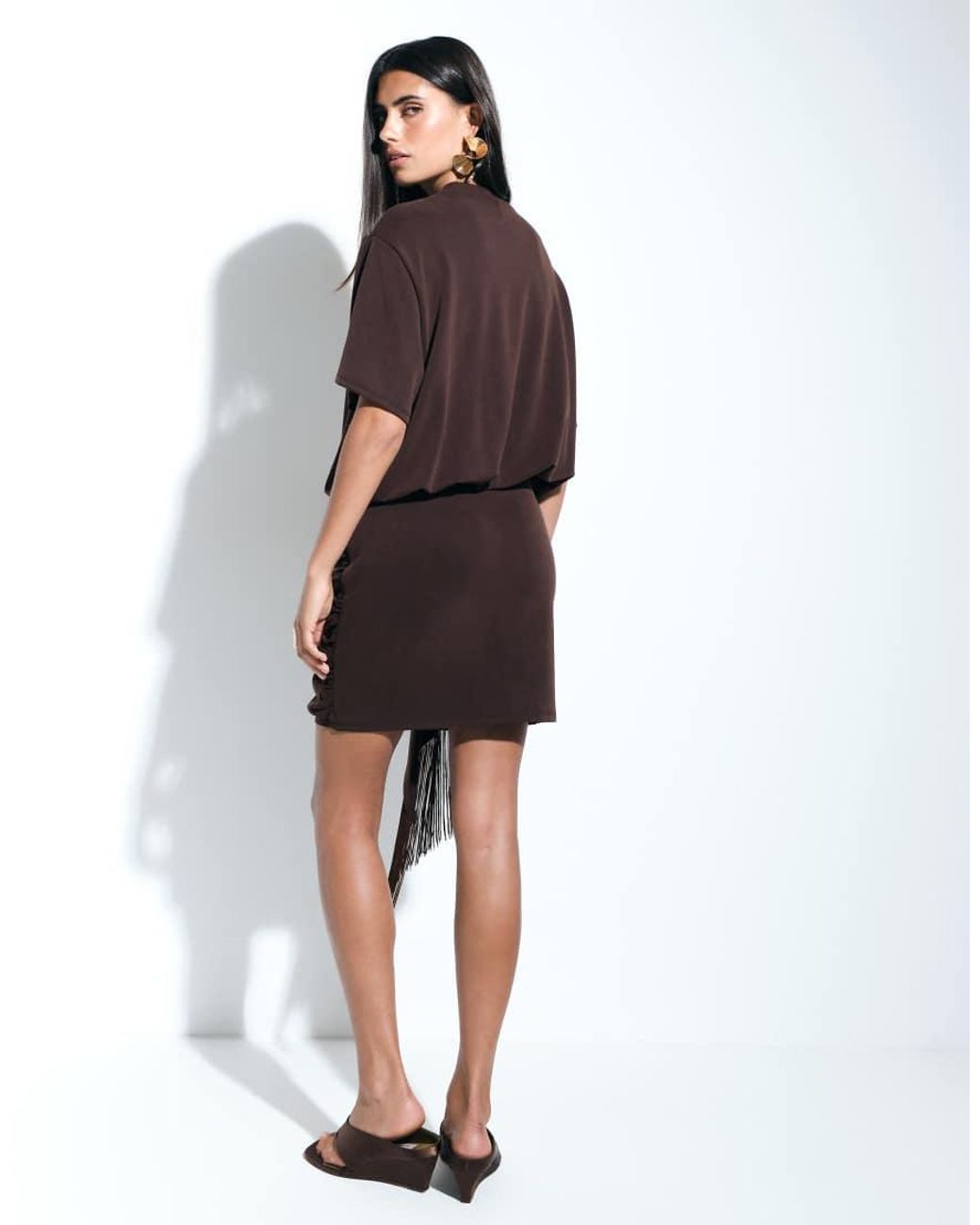 ASOS Black Modal Short Sleeve With Fringed Tie Detail Mini Dress