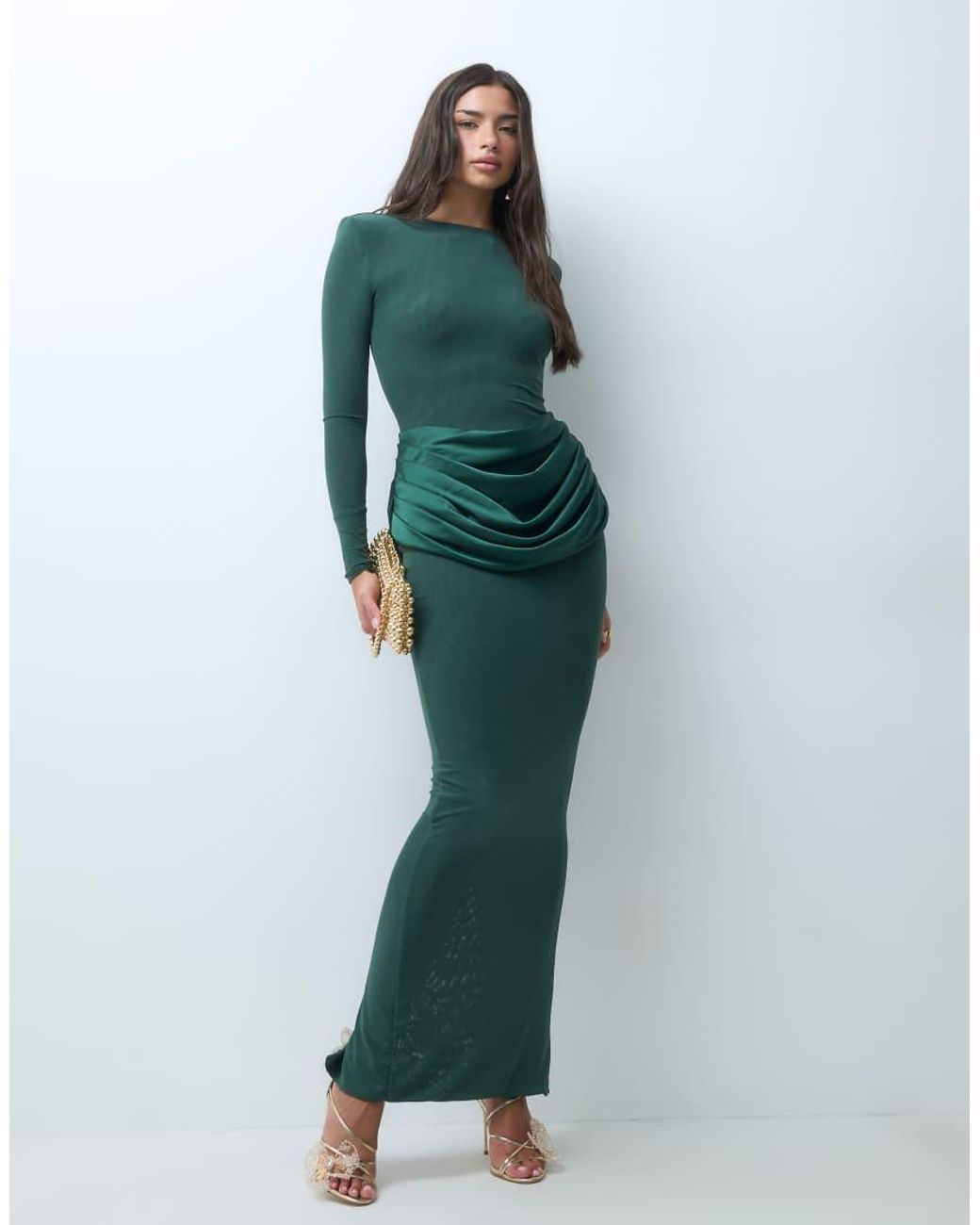 Wanderdoll Green Eman Sculpted Satin Drape Waist Shoulder Pad Detail Maxi Dress