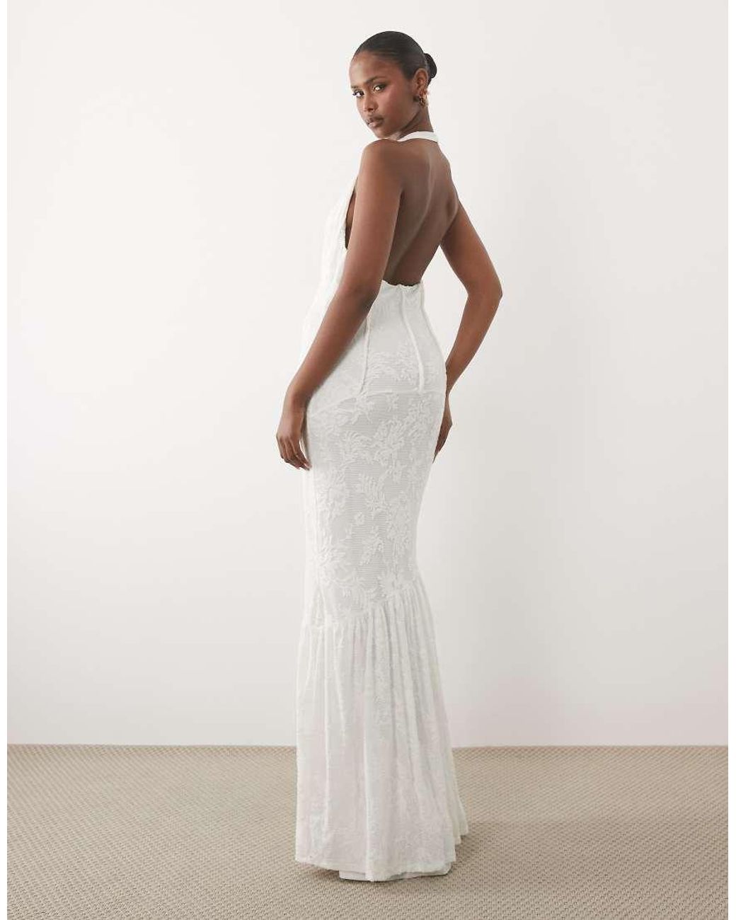 ASOS Natural Textured Lace Cinched Waist Corset Detail Maxi Dress With Fishtail Hem