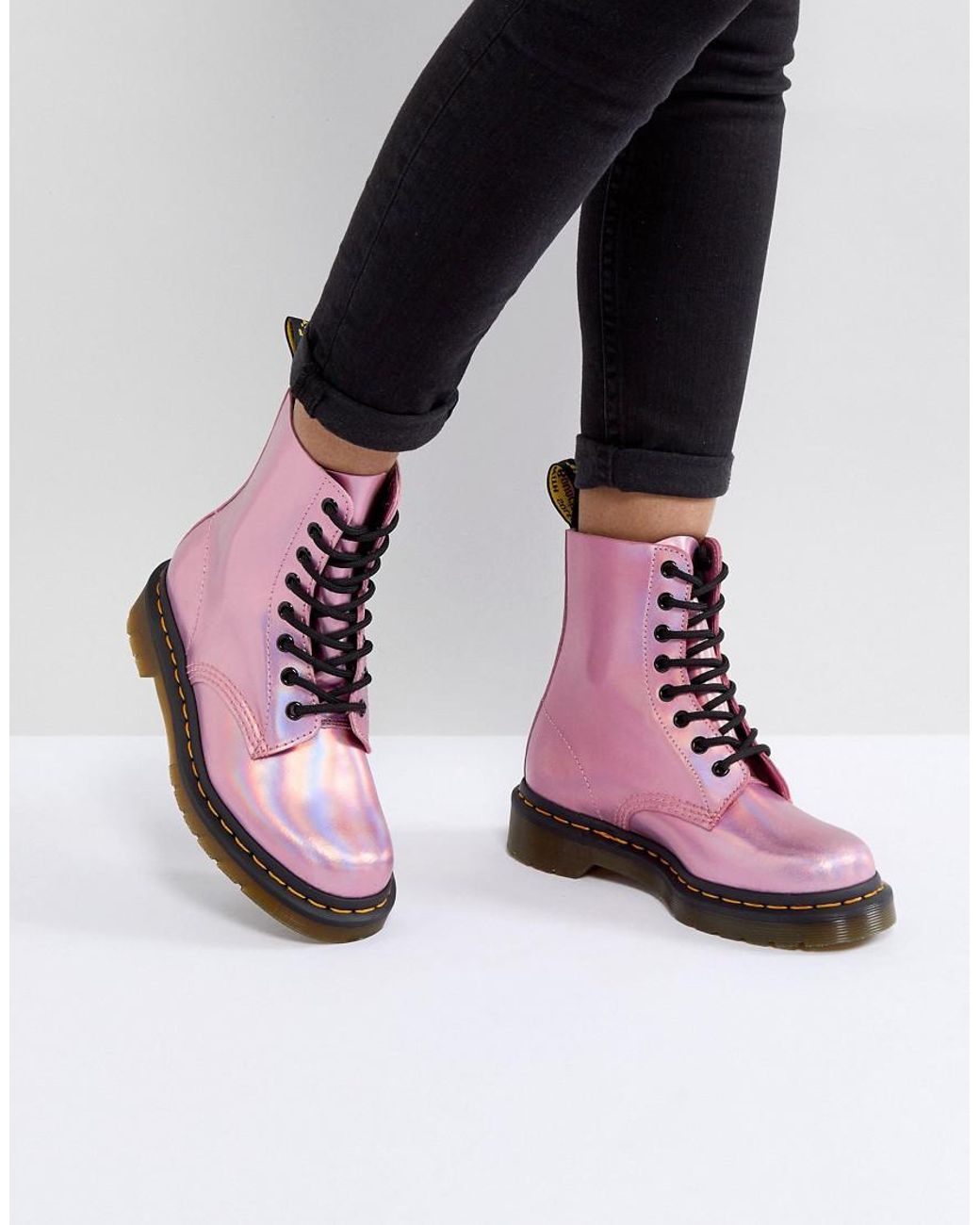 Dr. Martens Leather Holographic Pink Lace Up Boots | Lyst UK
