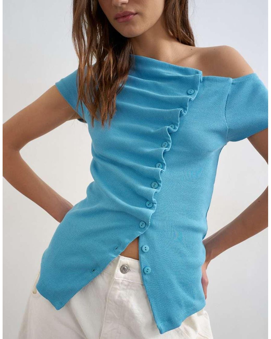 TOPSHOP Blue Bardot Button Through Top