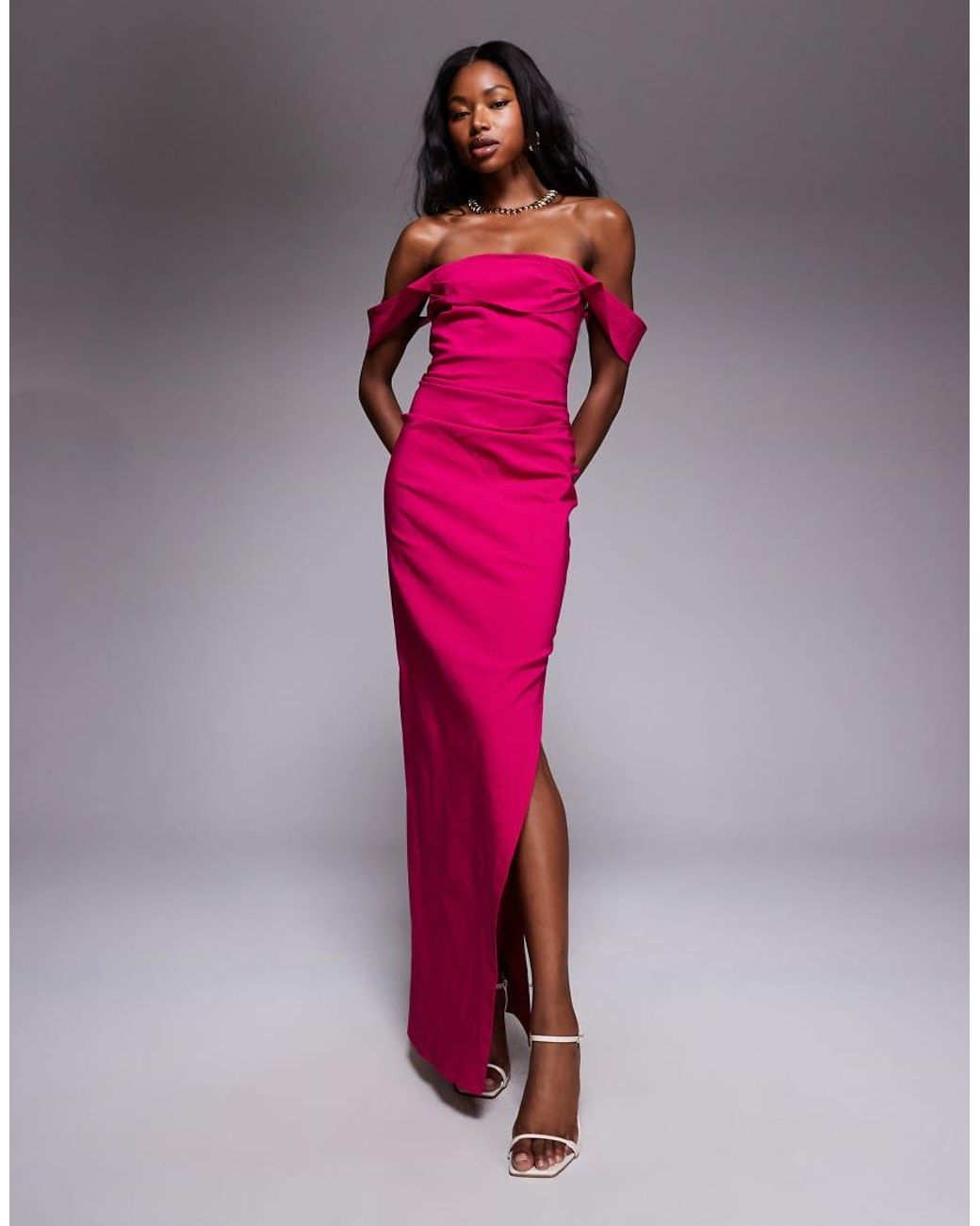 Vesper Pink Bengaline Off Shoulder Ruched Waist Detail Side Split Maxi Dress