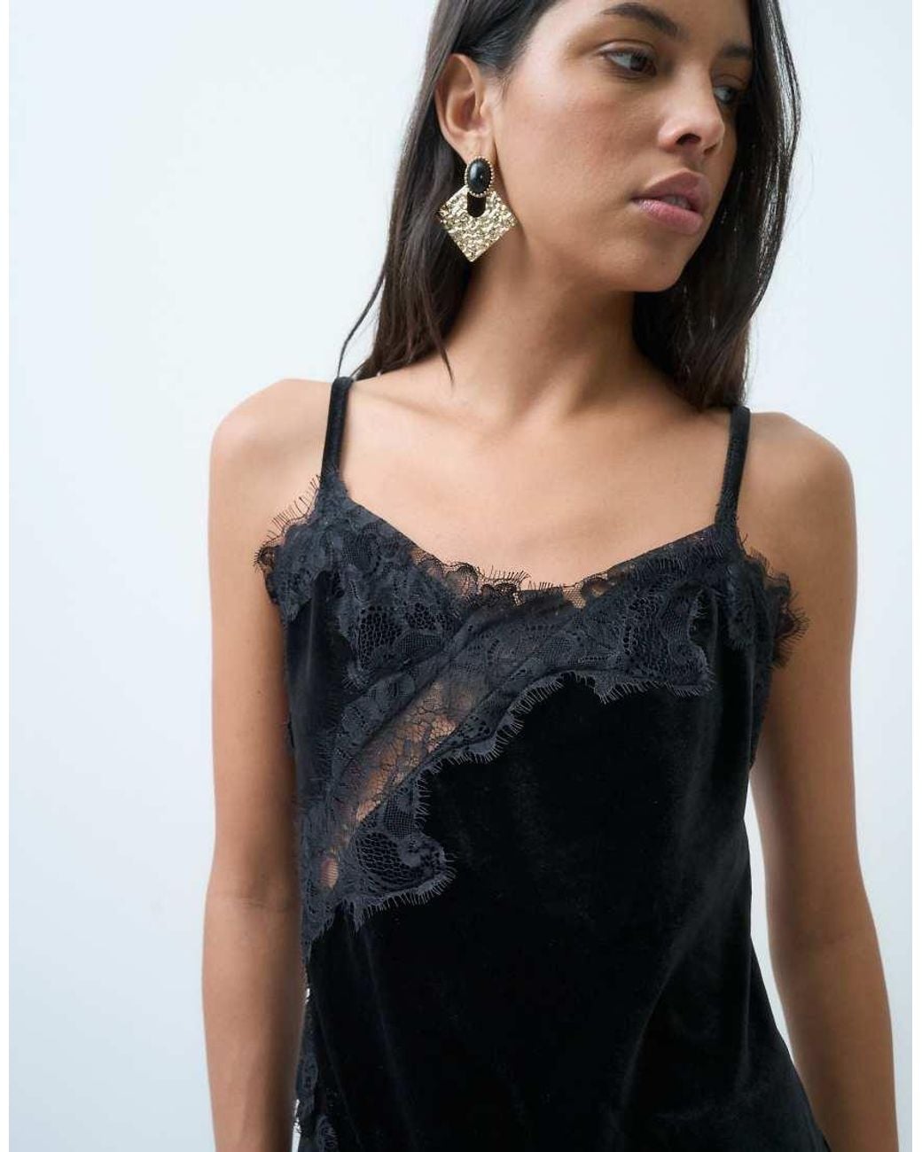 Jdy Black Velvet Top With Lace Hem
