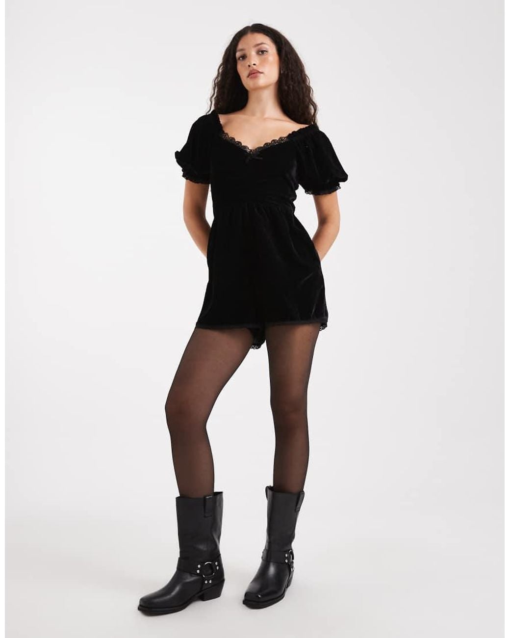 Miss Selfridge Black Velvet Puff Sleeve Playsuit