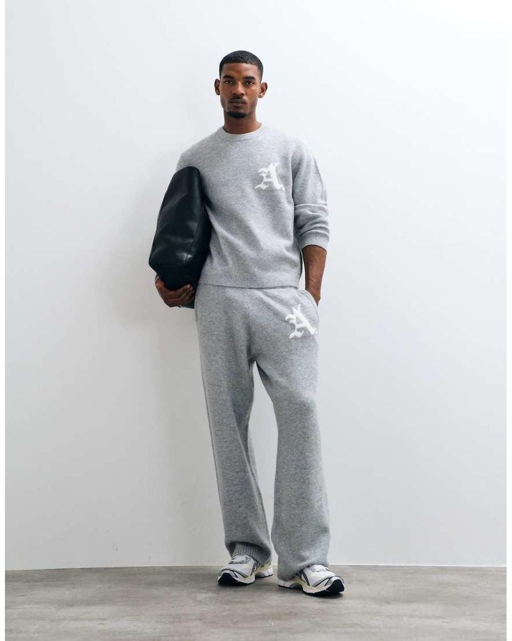 Jack & Jones Gray Oversized Jacquard Logo Knit Jumper for men