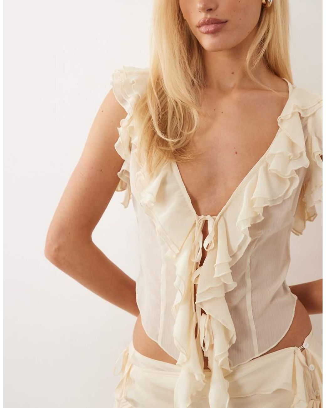 I.AM.GIA Natural Sapphire Chiffon Ruffle Tie Front Top Co-ord