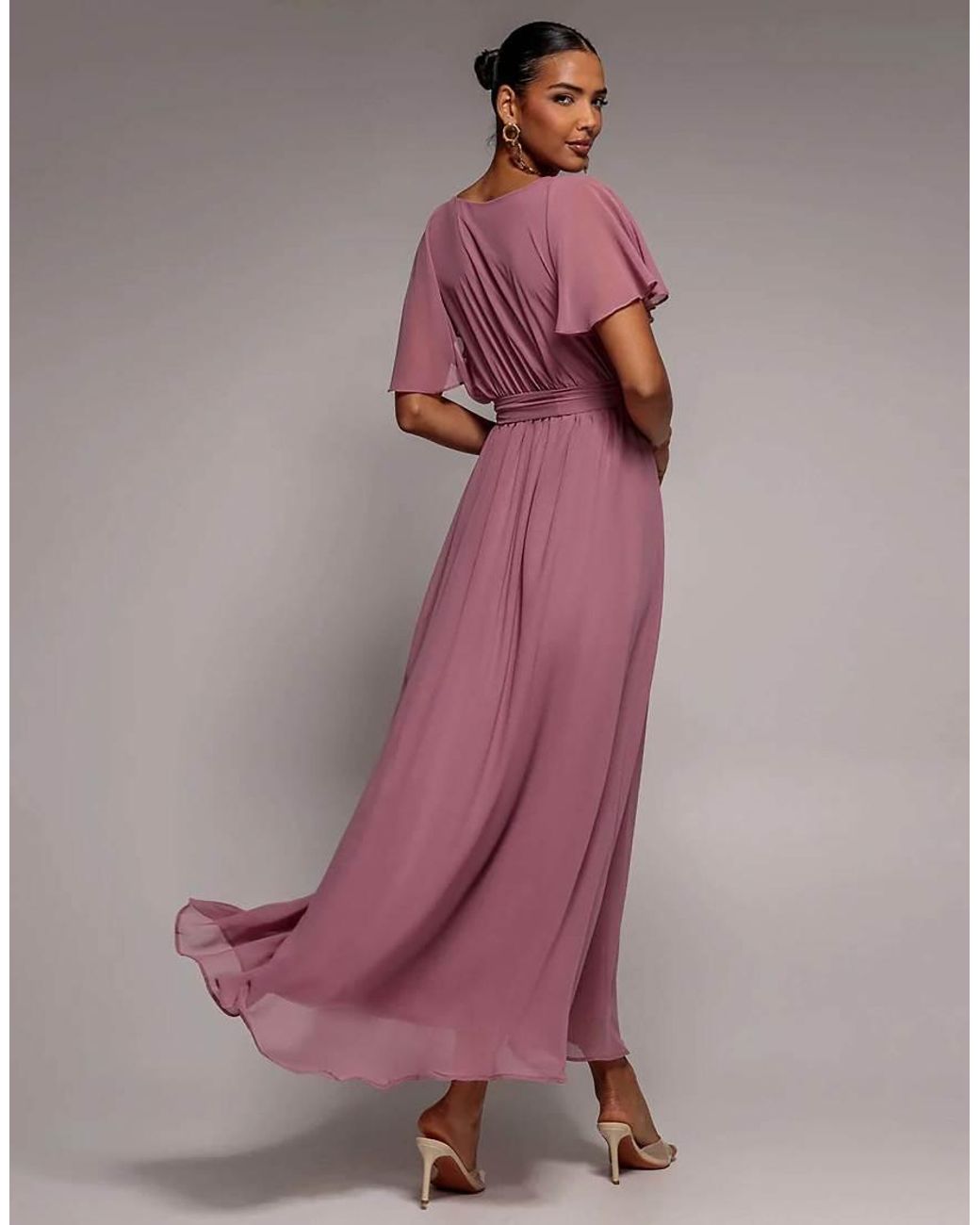 Goddiva Purple Chiffon Flutter Sleeve Wrap Maxi Dress
