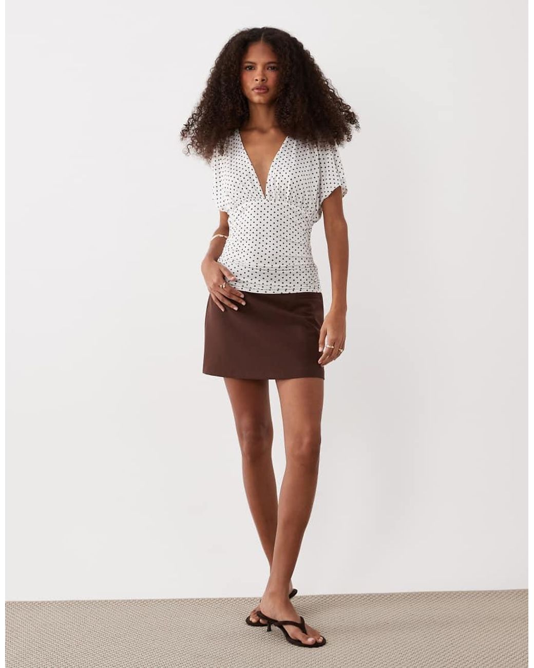 Miss Selfridge Brown V-neck Top With Gathered Waist