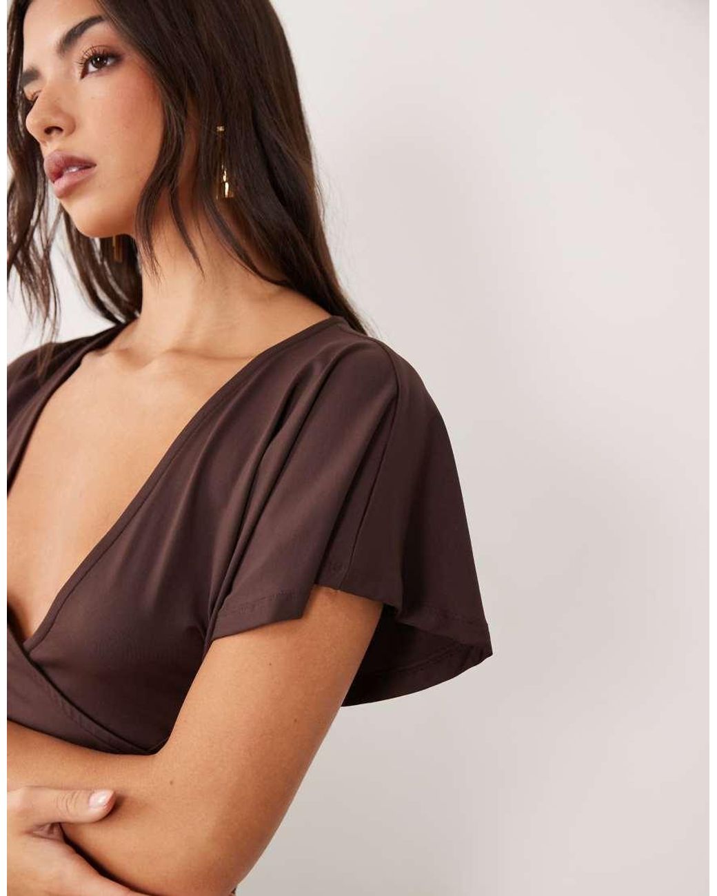 ASOS Brown Polyamide Cinched Flutter Sleeve Wrap Top