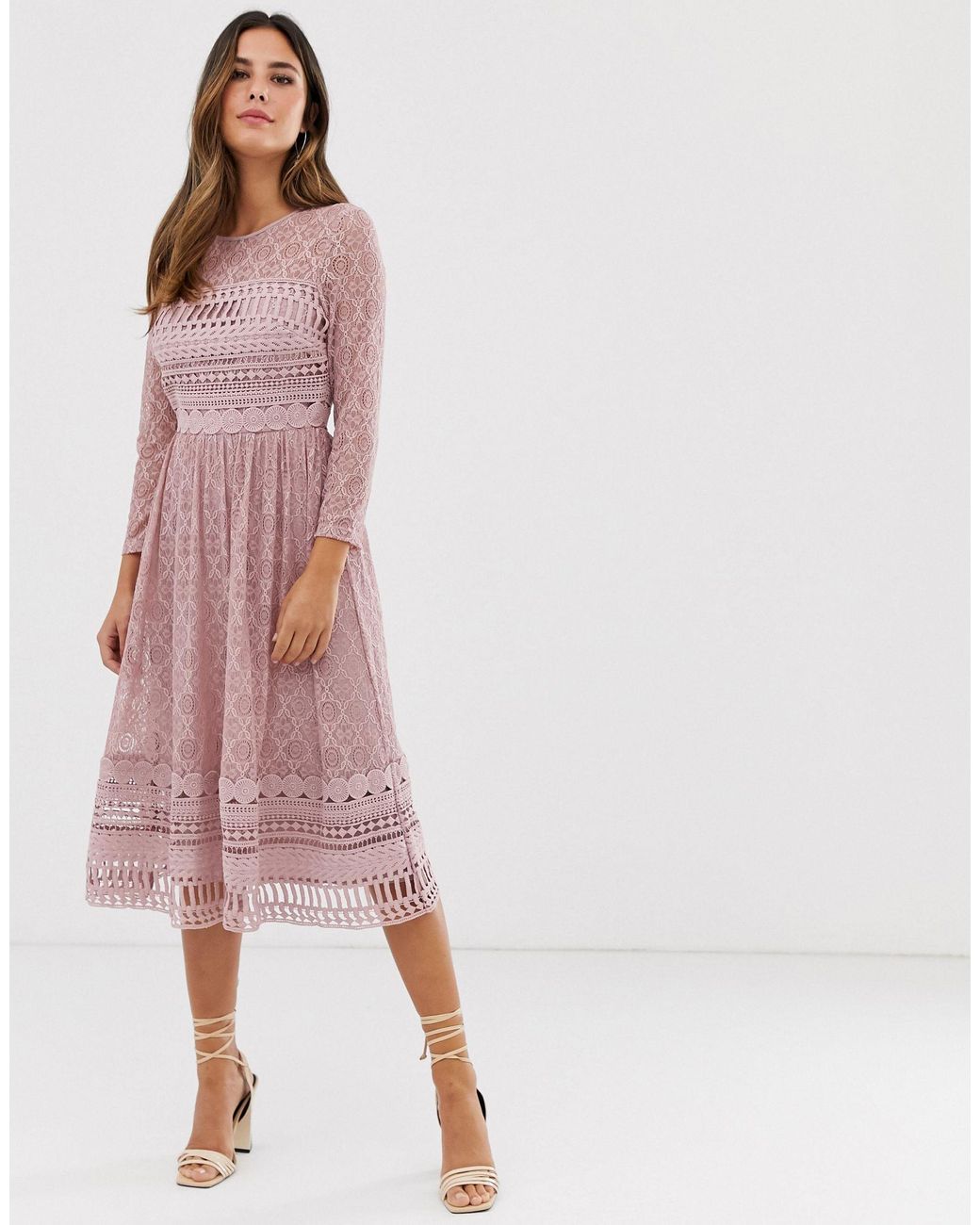 ASOS Lace Midi Skater Dress in Pink | Lyst