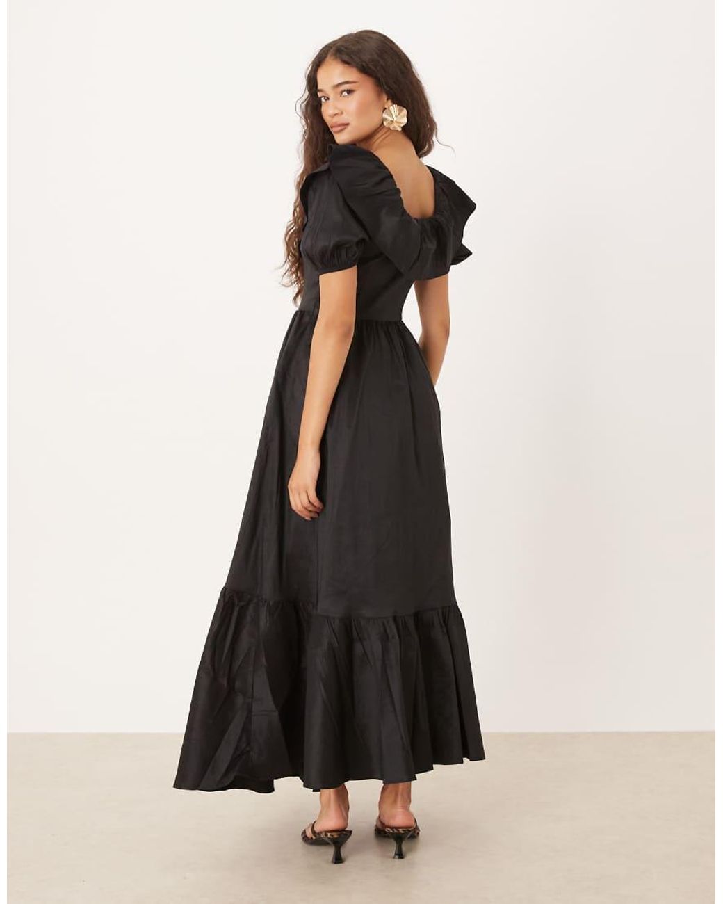 True Decadence Black Square Neck Tiered Midi Dress