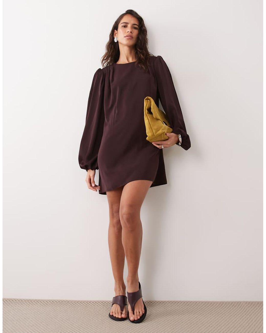 ASOS Brown Crew Neck Mini Dress With Volume Sleeve