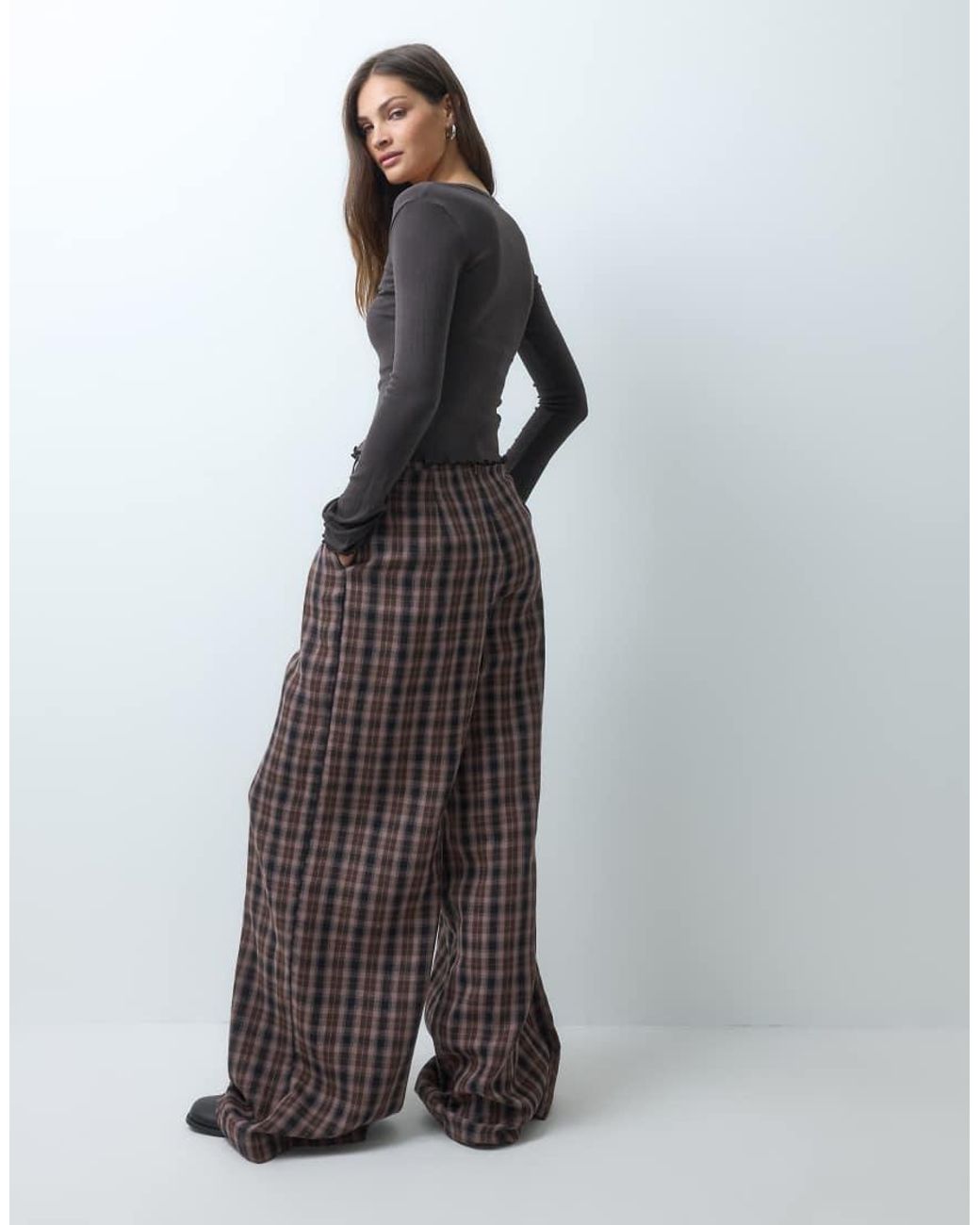 Noisy May Gray High Waist Wide Leg Check Trouser