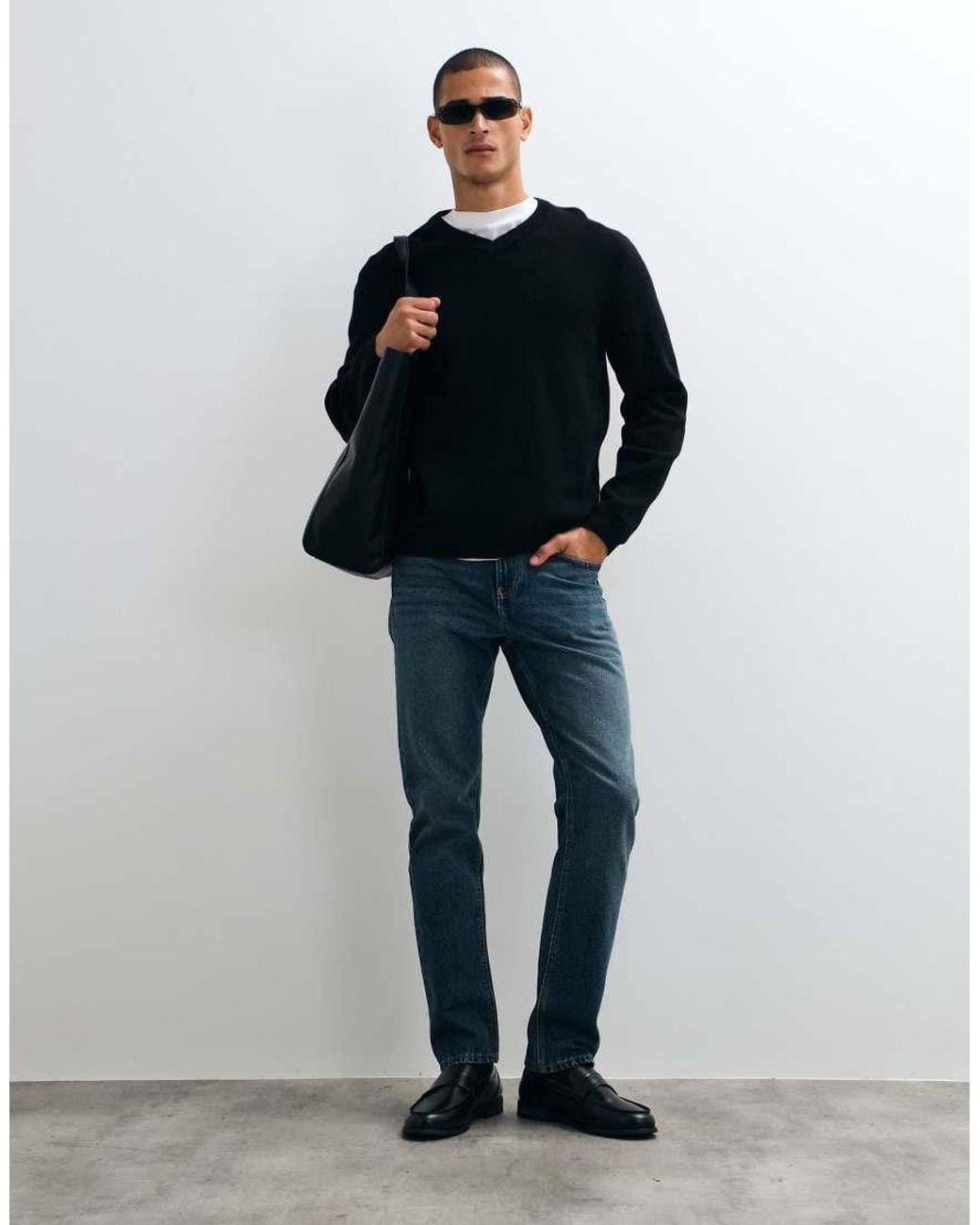 ASOS Blue Relaxed Knitted High V-neck Jumper for men
