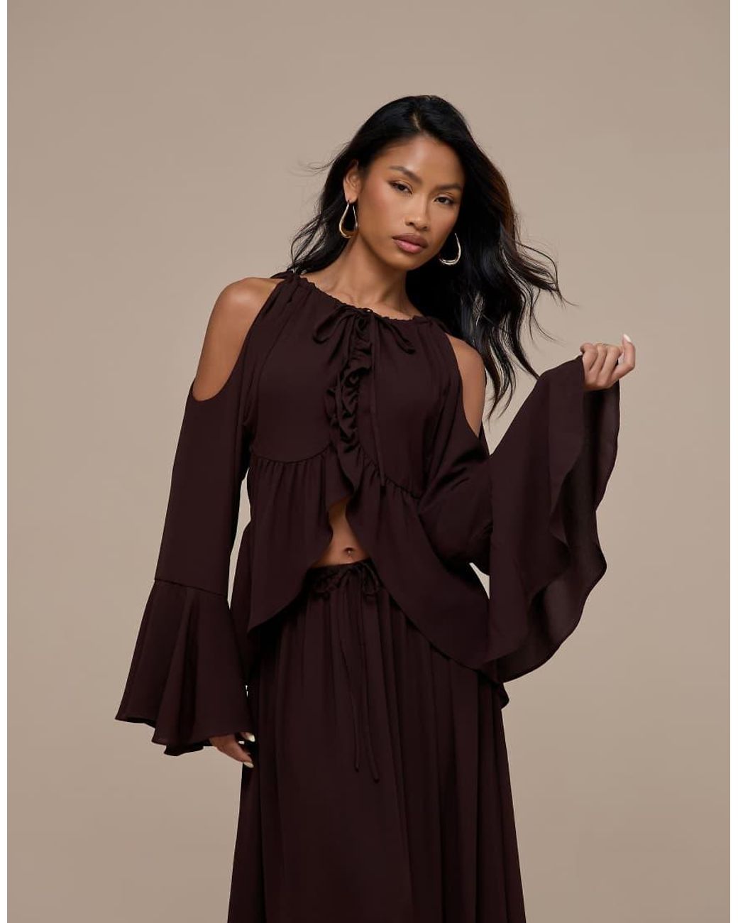Wanderdoll Brown Meadow Halterneck Long Sleeve Chiffon Top Co-Ord