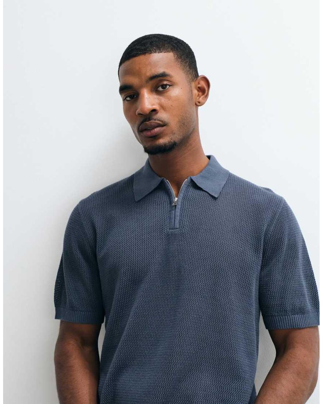 ASOS Blue Relaxed Knitted Pointelle Half-zip Polo Shirt for men