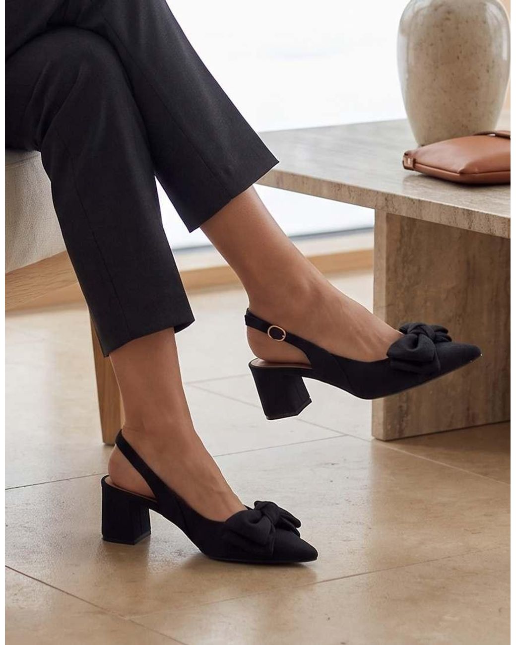 SEQWL Blue Slingback Block Heel Dress Pumps Pointed Toe With Bow Detail