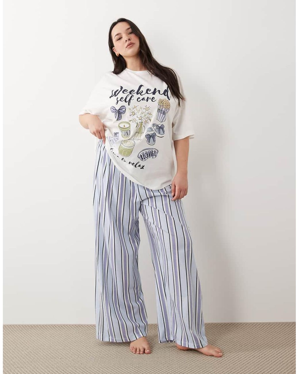 ASOS Blue Asos Design Curve Oversized Tee & Wide Leg Pants Pajama Set