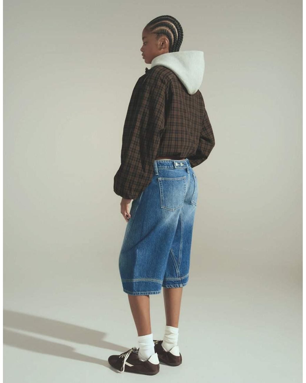 Bershka Blue Denim Jort Bermuda Shorts With Seam Detail