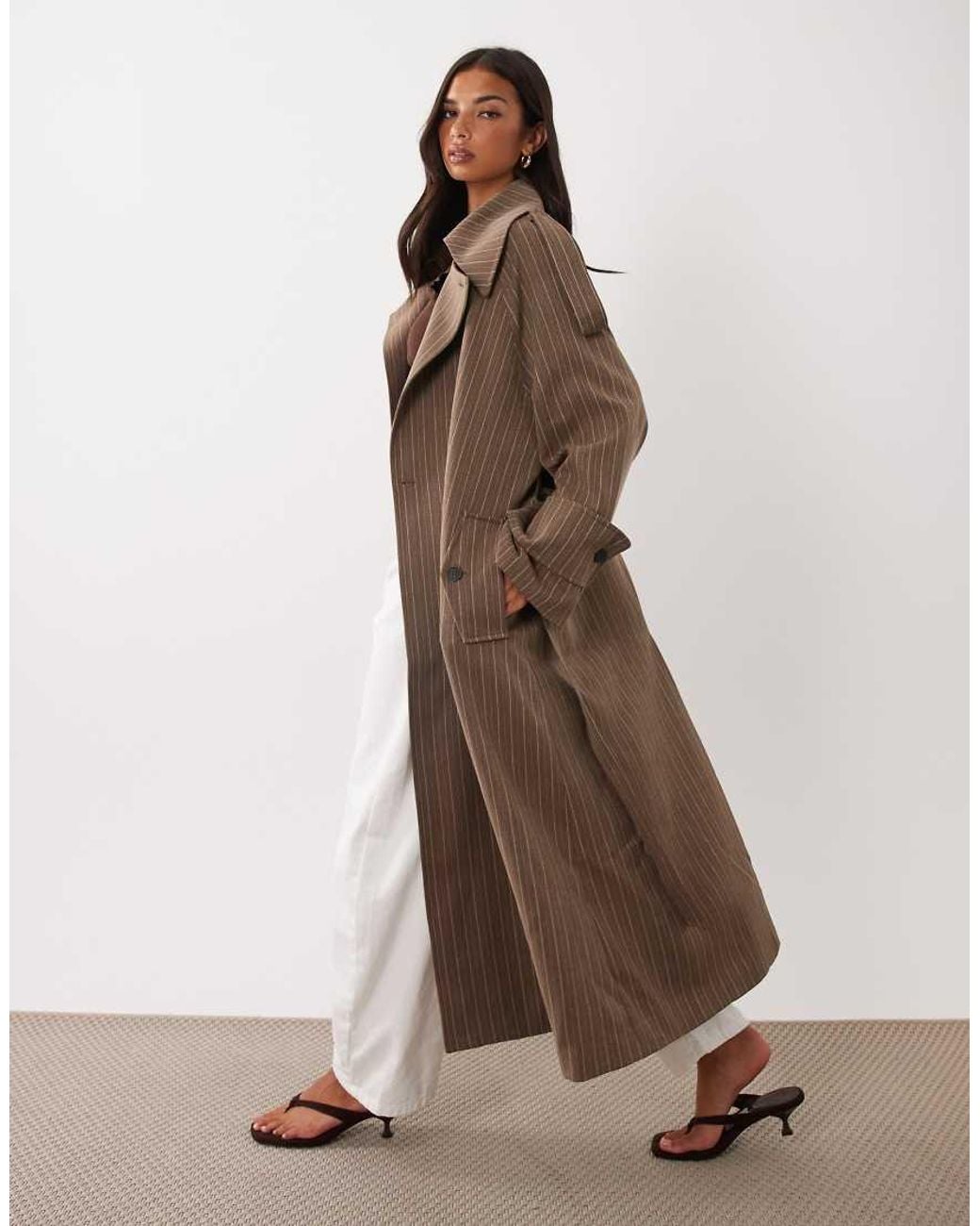 Aria Cove Brown Oversized Lapel Belt Detail Trench Maxi Coat