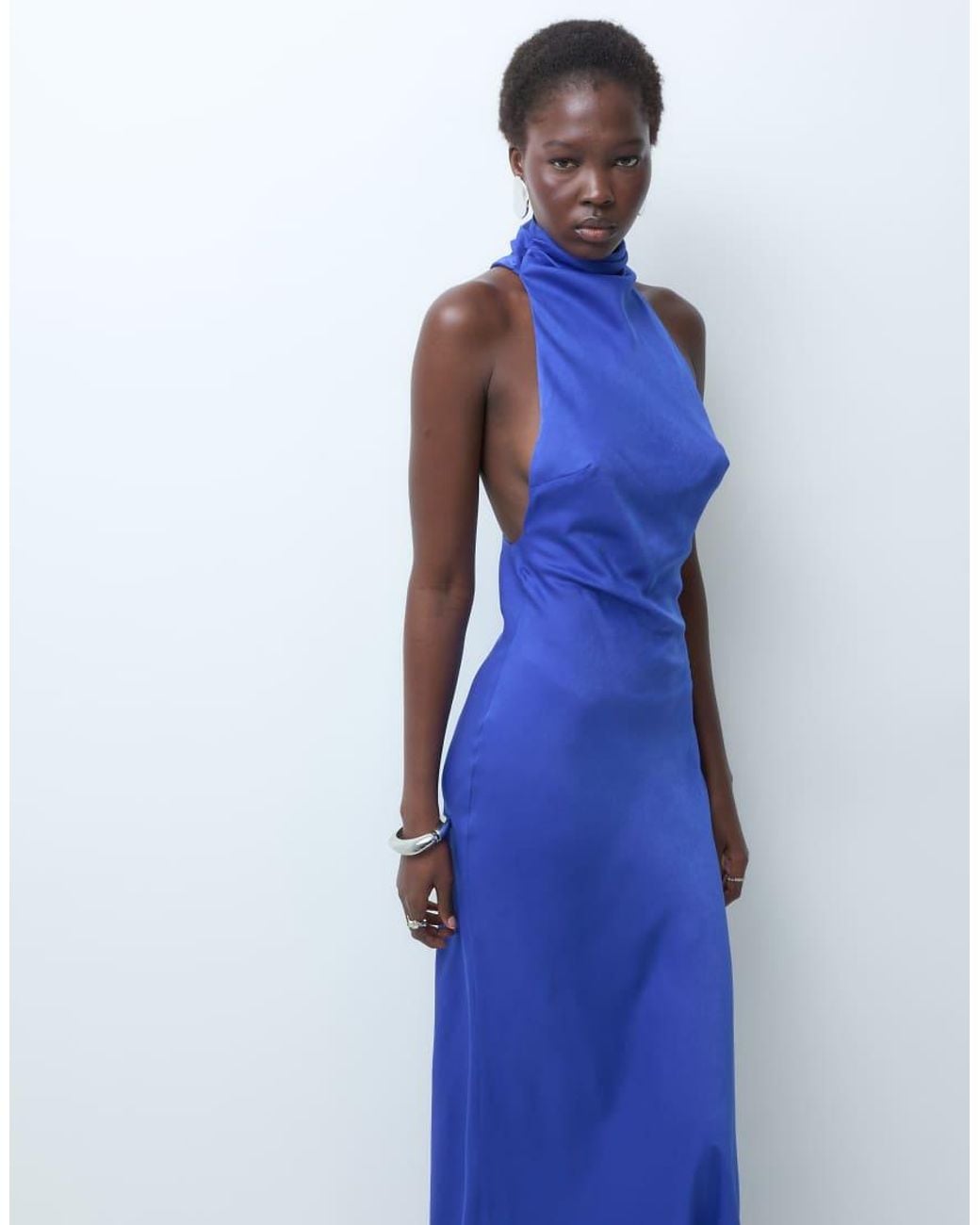 ASOS Blue Asos Design Tall Funnel Neck Bias Cut Sleeveless Satin Maxi Dress