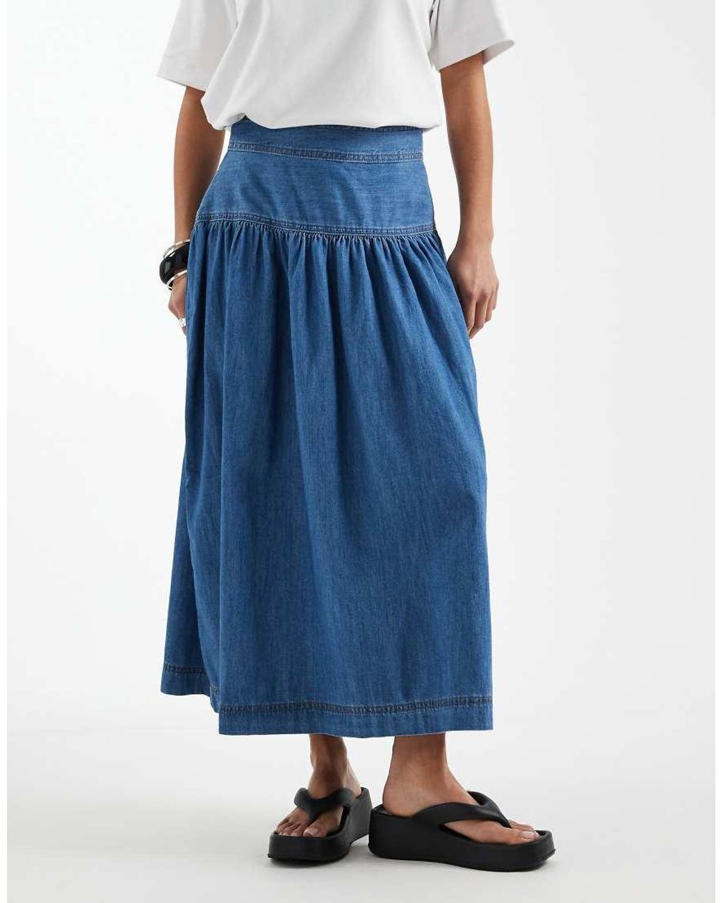 Only Petite Blue Dropped Waist Denim Maxi Skirt