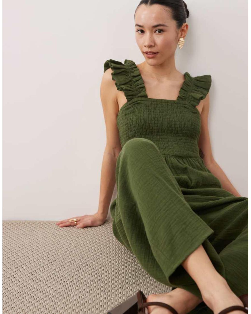 Nobody's Child Petite Green Maya Cotton Ruffle Detail Square Neck Jumpsuit