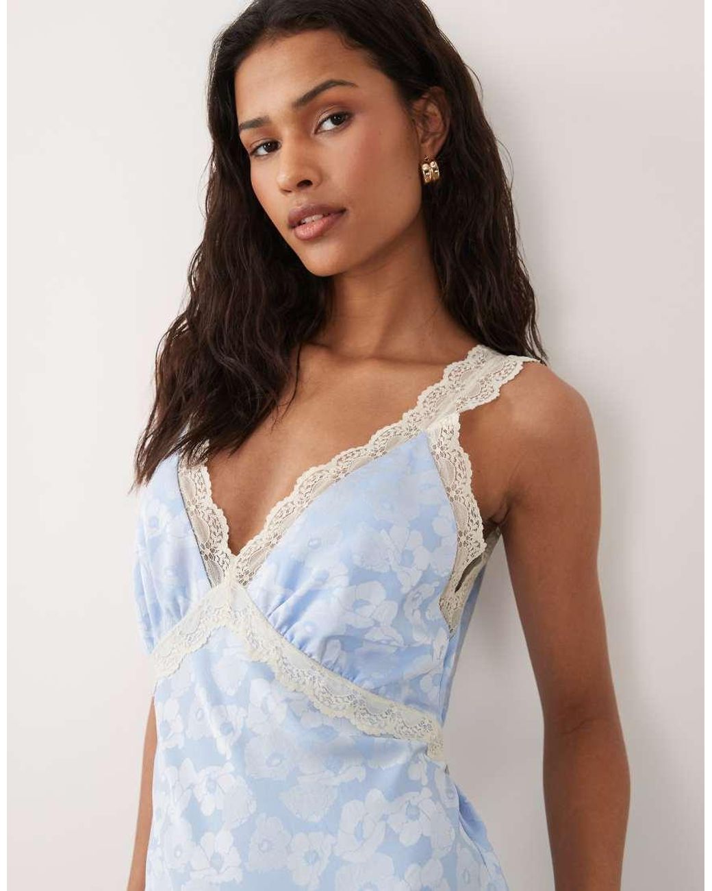 Hope & Ivy Blue Satin V-Neck Lace Trim Maxi Dress
