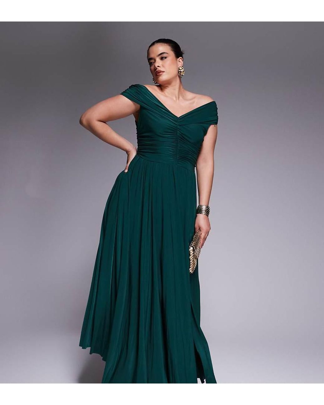Goddiva Curve Gathered Bardot Bodice Front Split Maxi Dress in Green | Lyst  UK