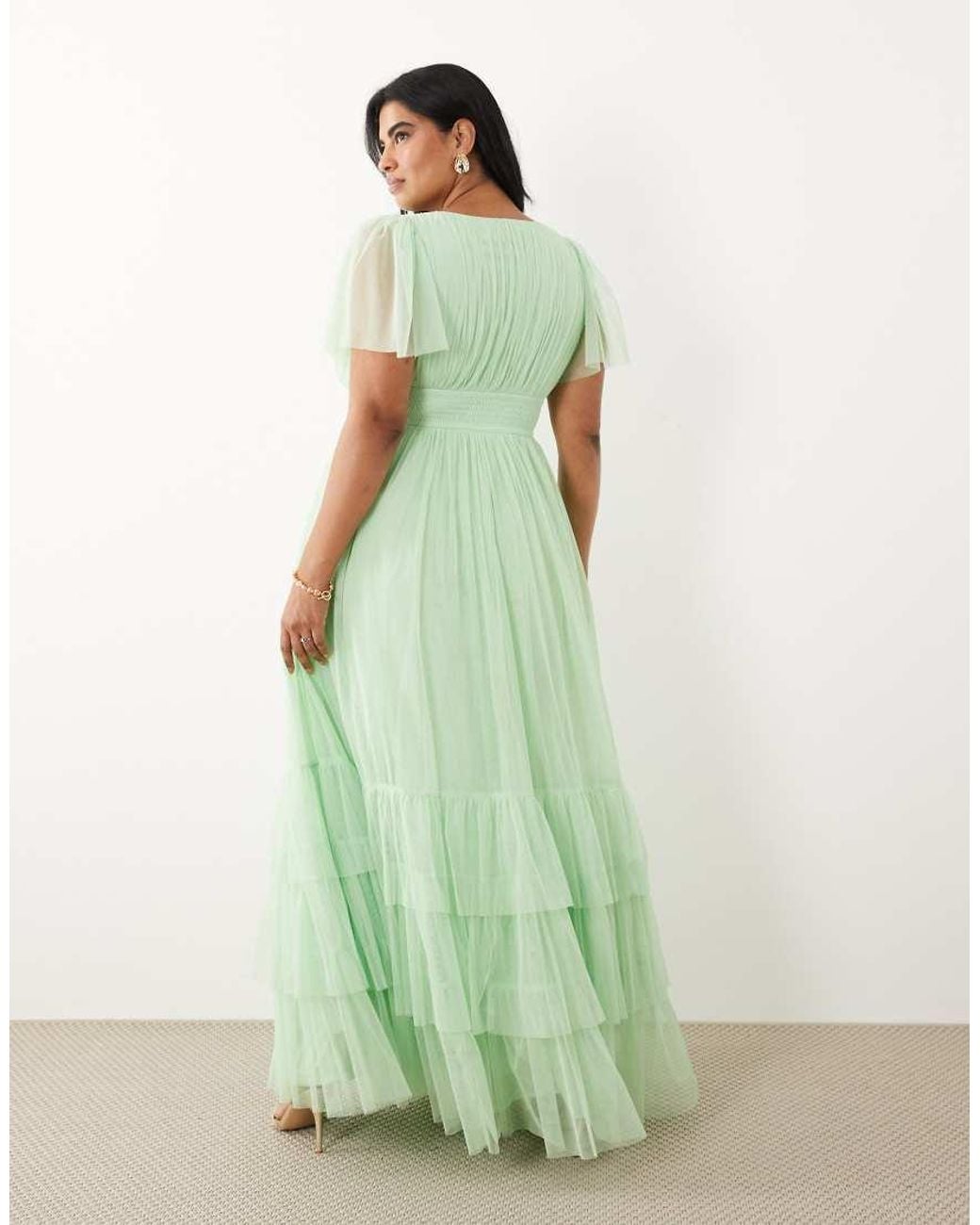 Lace & Beads Plus Green Bridesmaid Madison Smocked Flutter Sleeve Tiered Maxi Dress