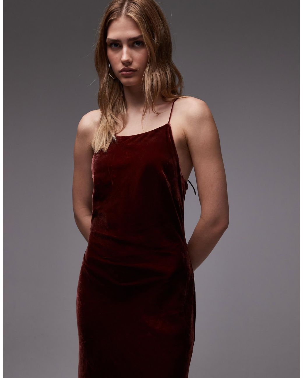 & Other Stories Midi Strap Velvet Chiffon Dress in Brown | Lyst