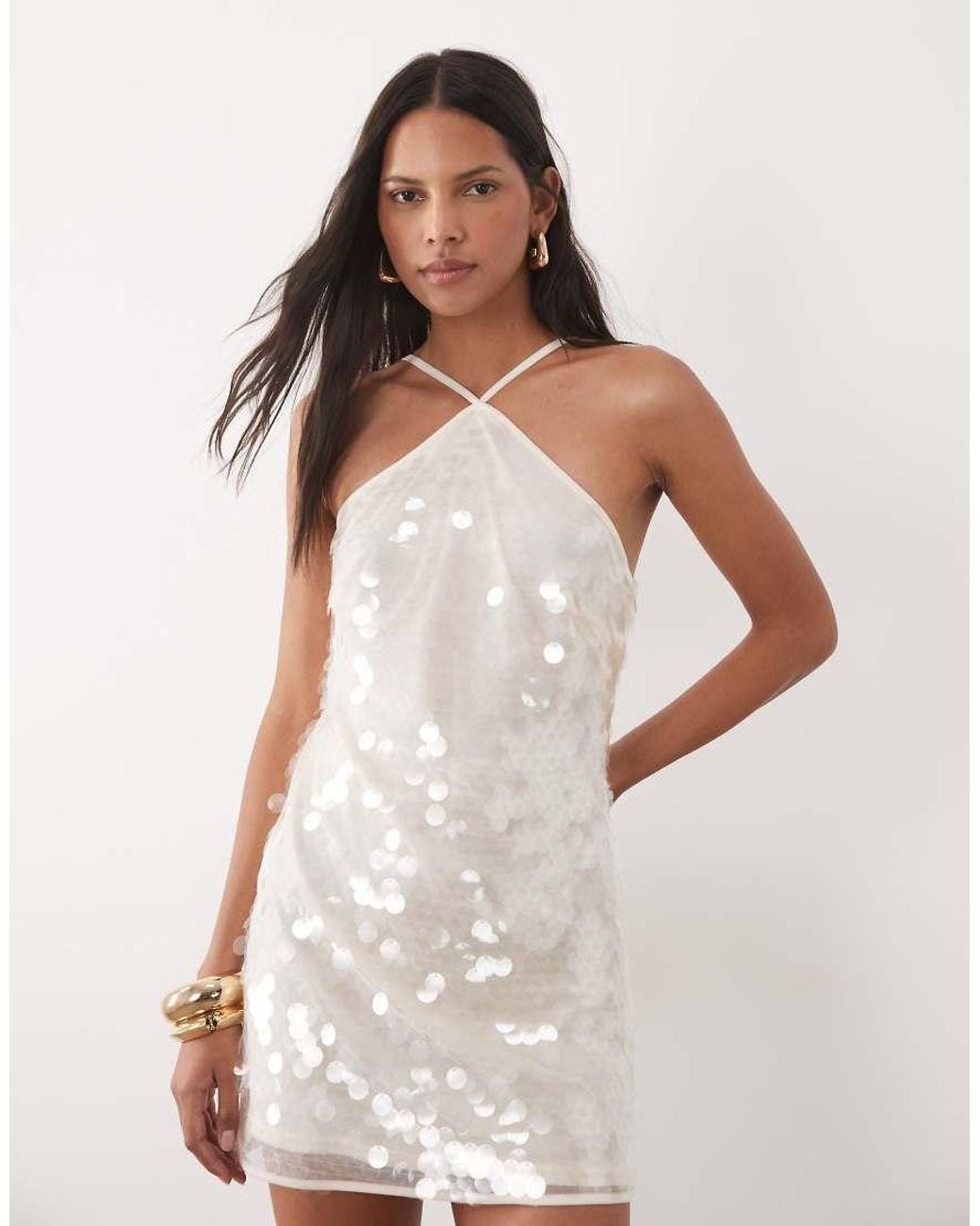 New Look White Sequin Halter Neck Mini Dress