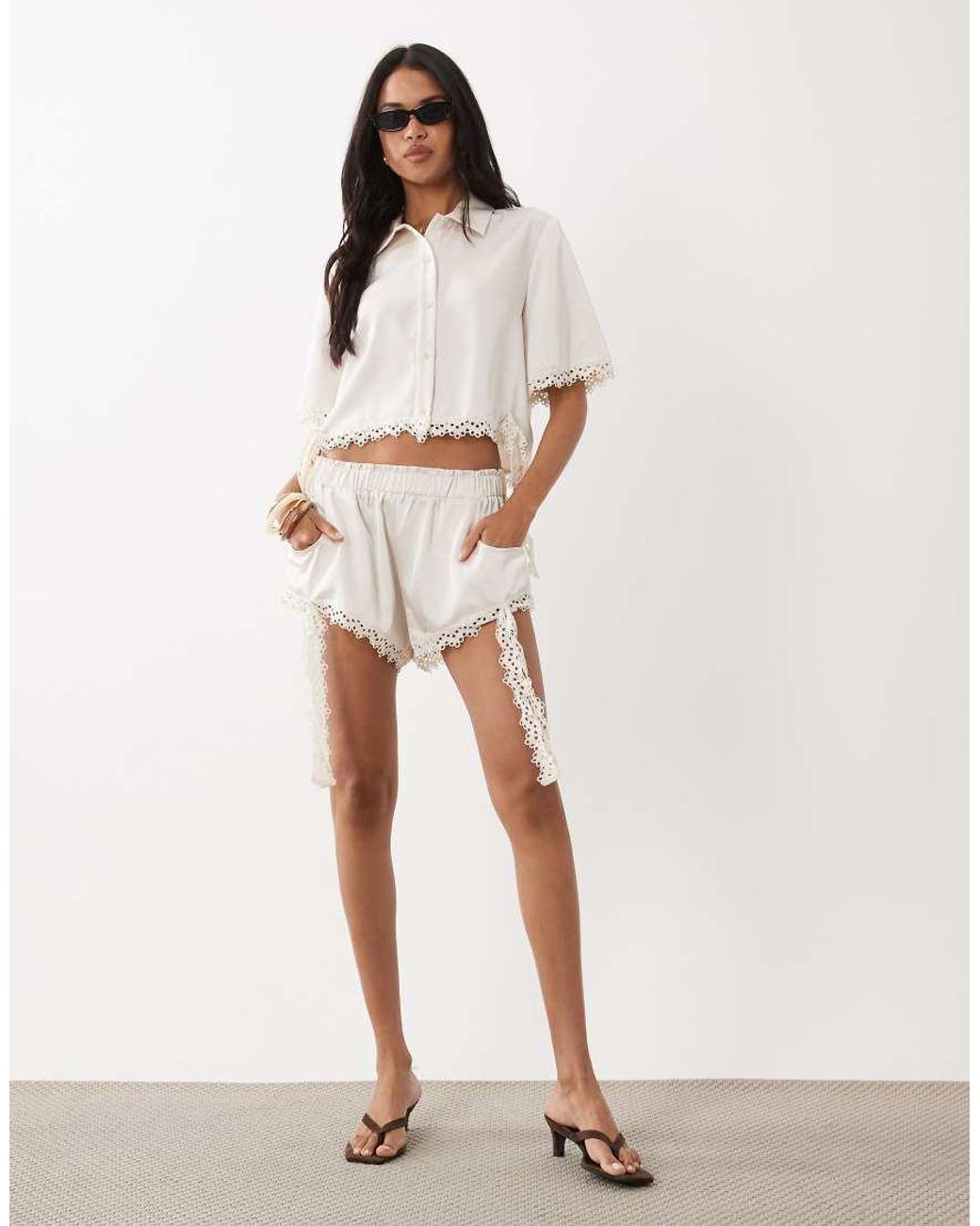 Noughts & Kisses Natural Satin Lace Trim Cropped Shirt