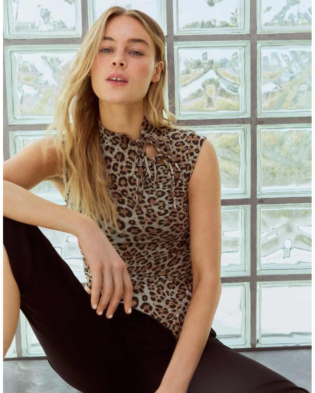 Bershka Brown Short Sleeve Tulle Leopard Print T-shirt