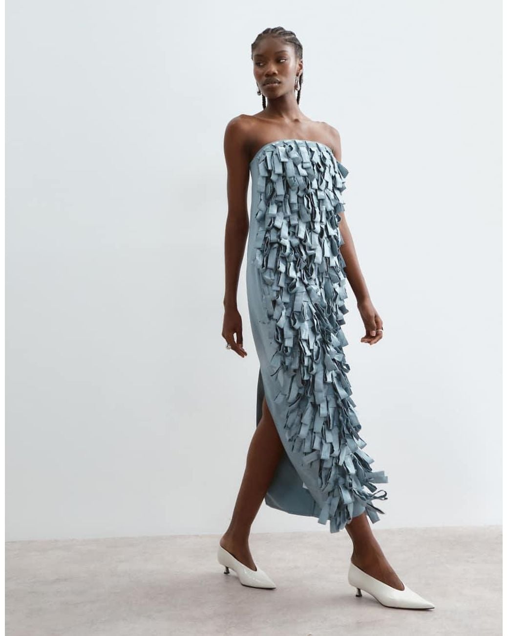 ARRANGE Blue Textural Satin Loop Bandeau Cocoon Midaxi Dress