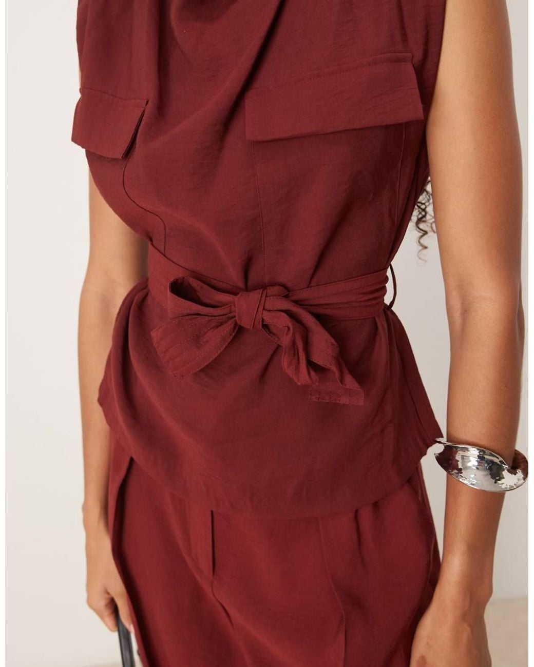 Mango Red High Neck Belted Sleeveless Top Co-ord