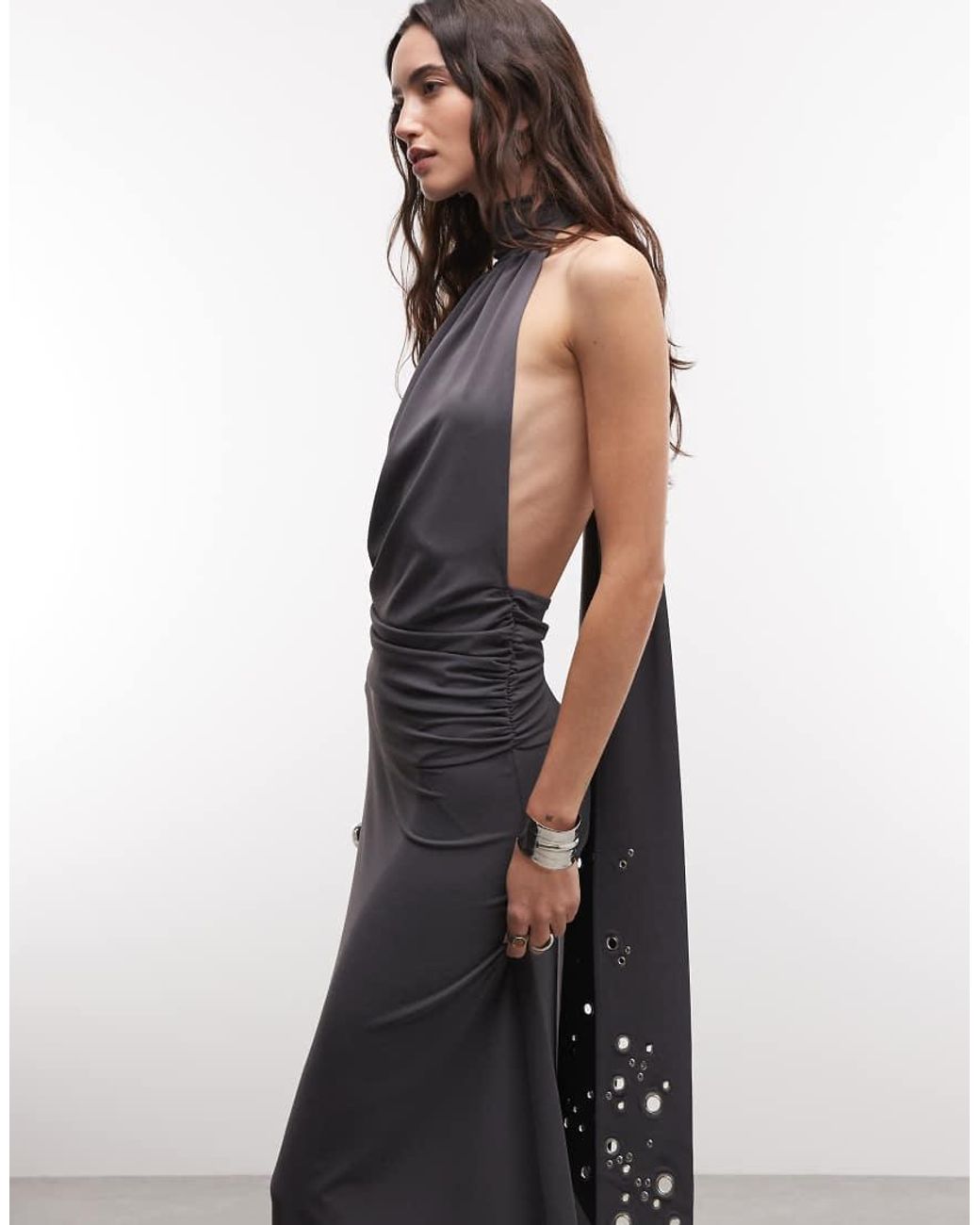 Weekday Gray Halter Neck Scarf Detail Maxi Dress With Drop Waist