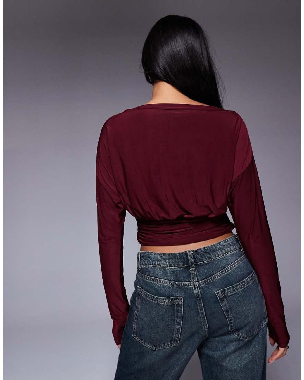 ASOS Purple Slinky Off Shoulder Long Sleeve Top With Cinch Waist Detail