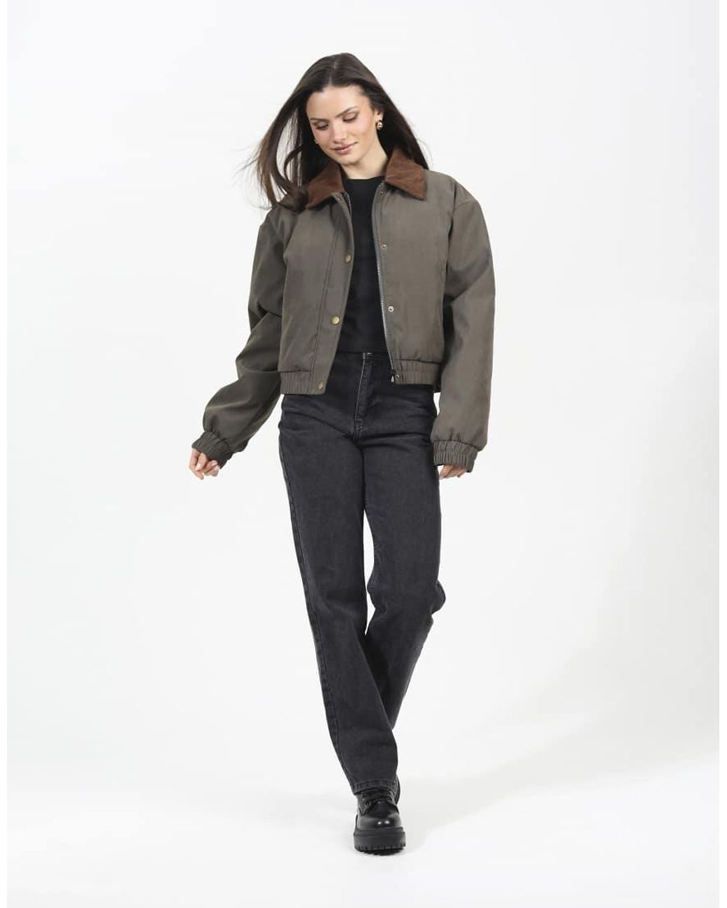Brave Soul Gray Twill Bomber Style Jacket With Cord Collar