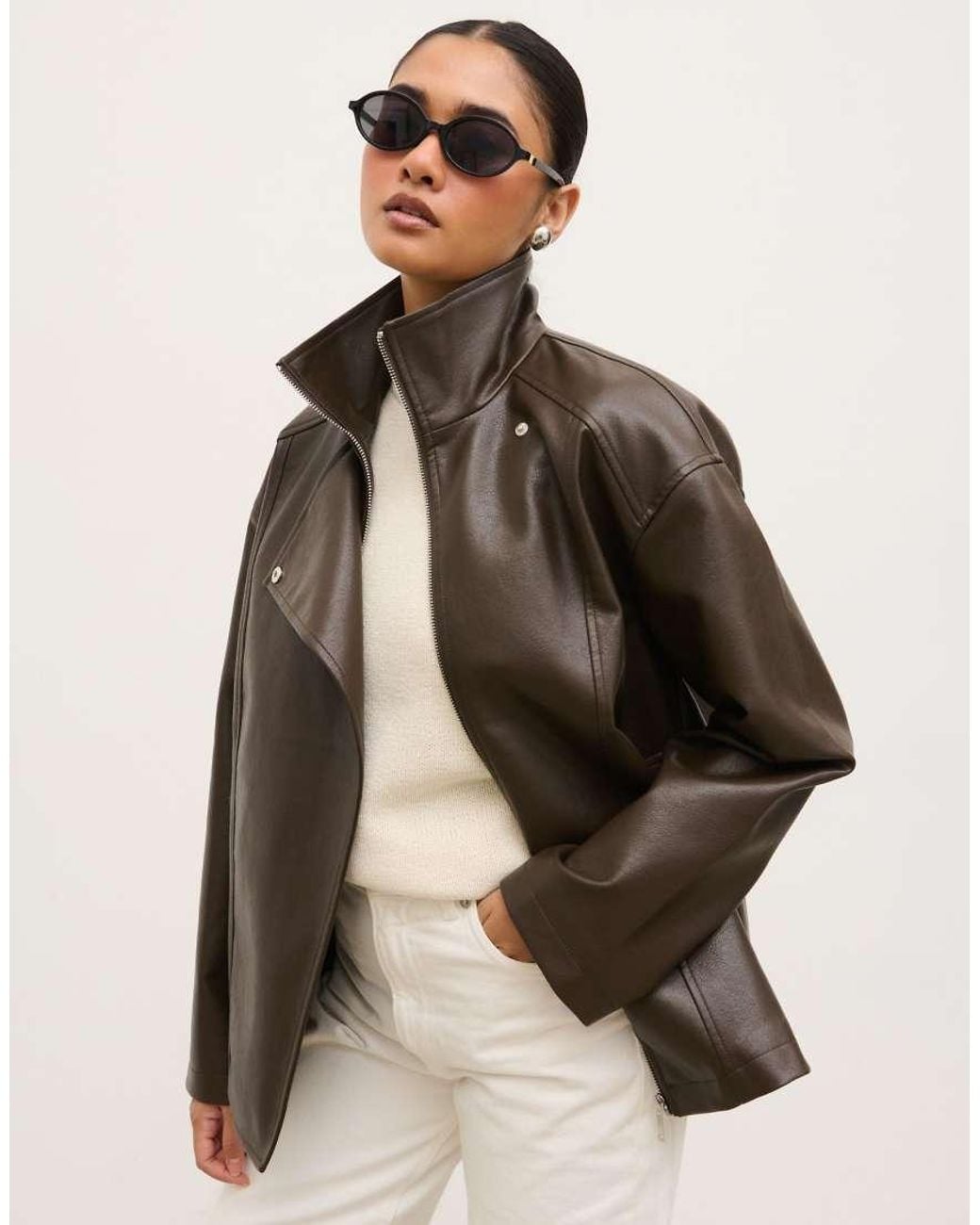 Pretty Lavish Brown Faux Leather Funnel Neck Bomber Jacket