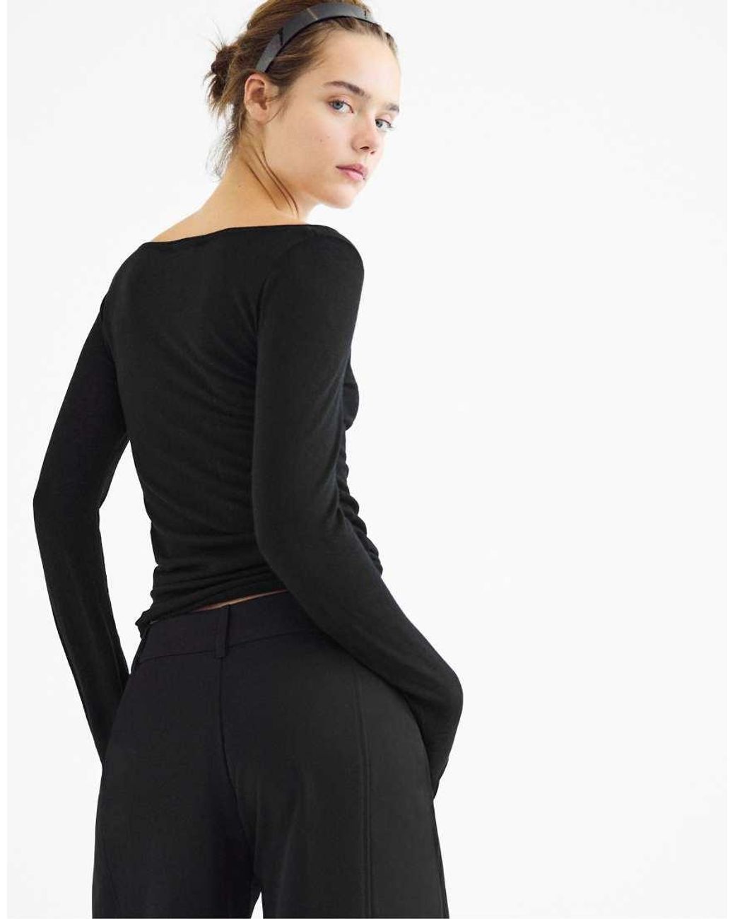 Stradivarius Black Wool And Silk Boat-neck Sweater