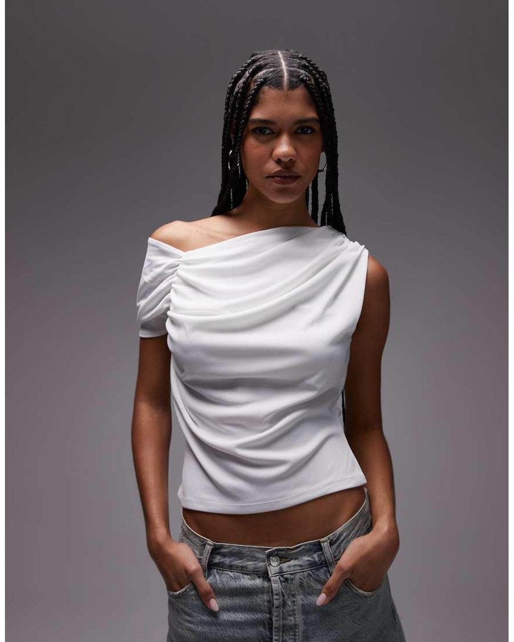 TOPSHOP Gray Ruched Detail One Shoulder Top