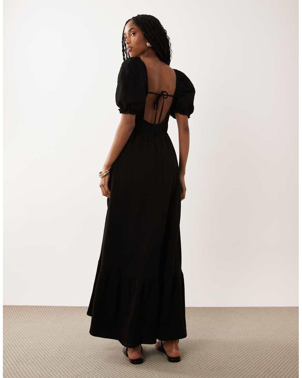 Miss Selfridge Black Seersucker Puff Sleeve Milkmaid Maxi Dress