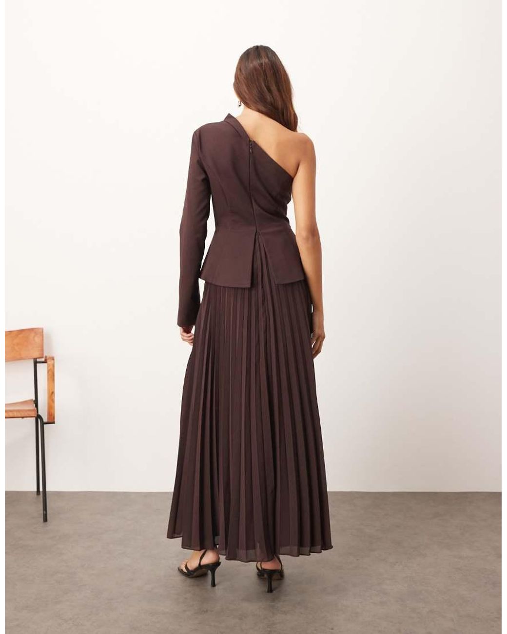 ARRANGE Brown Sculpted One Shoulder Maxi Dress With Micro Pleat Hem