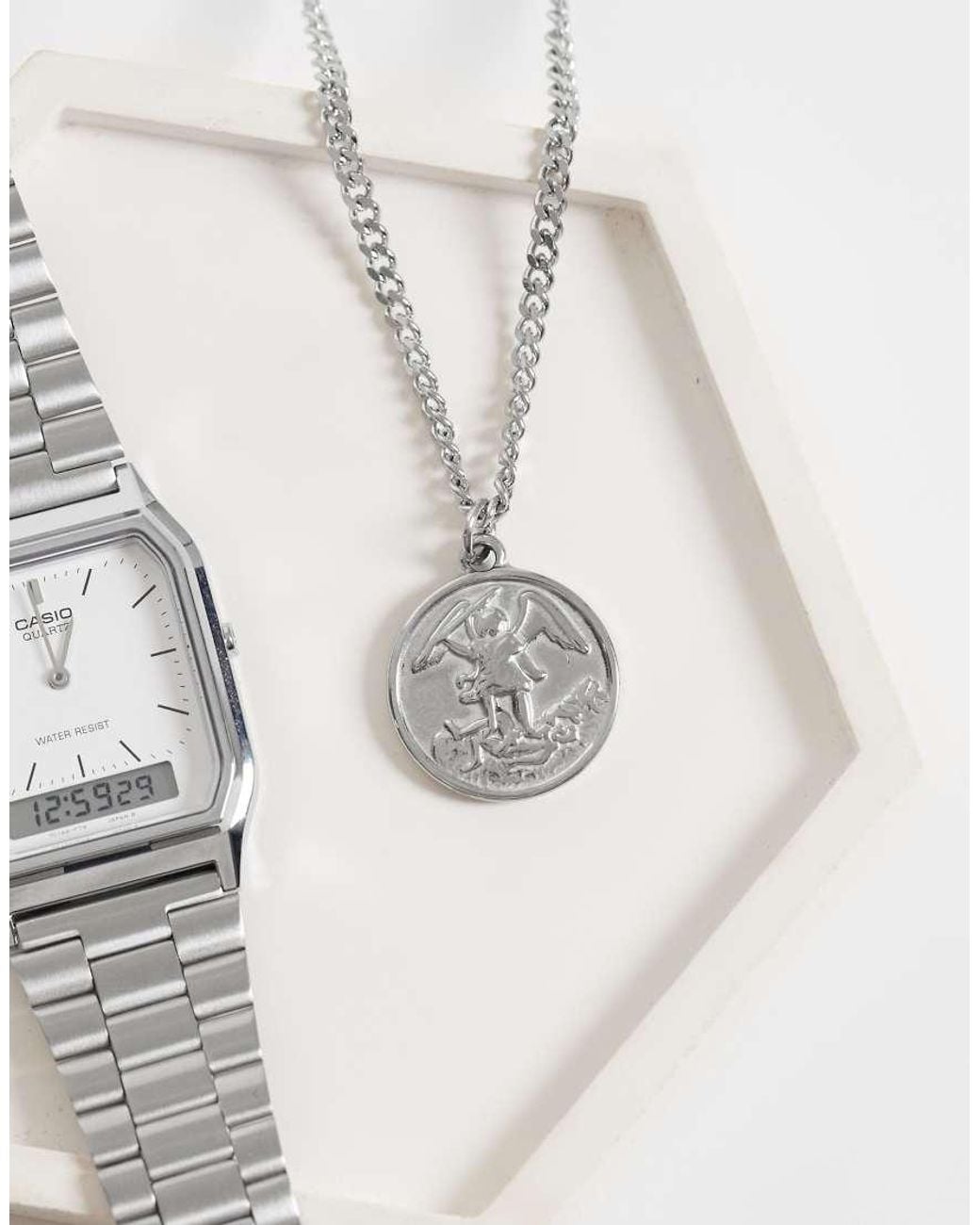 ASOS White Waterproof Stainless Steel Engraved Coin Pendant Necklace for men