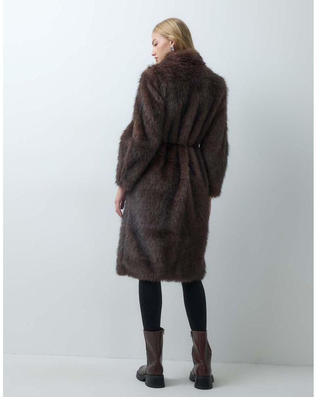 Vero Moda Brown Funnel Neck Faux Fur Long Coat With Tie Belt