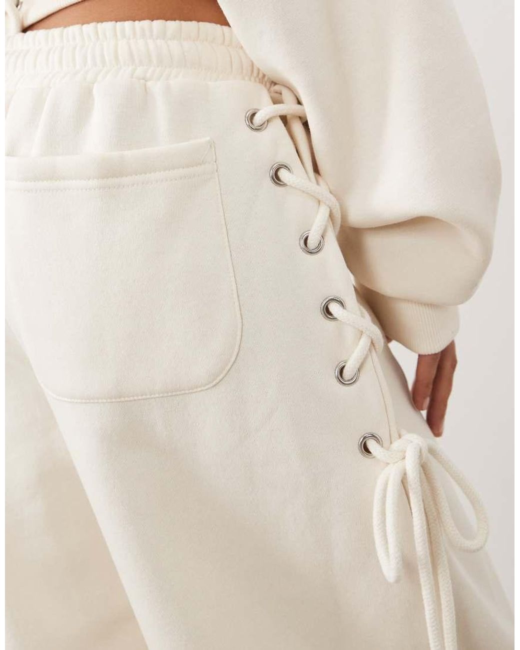 Kaiia Natural Cotton Rich Lace Up Side Detail Wide Leg joggers Co-ord