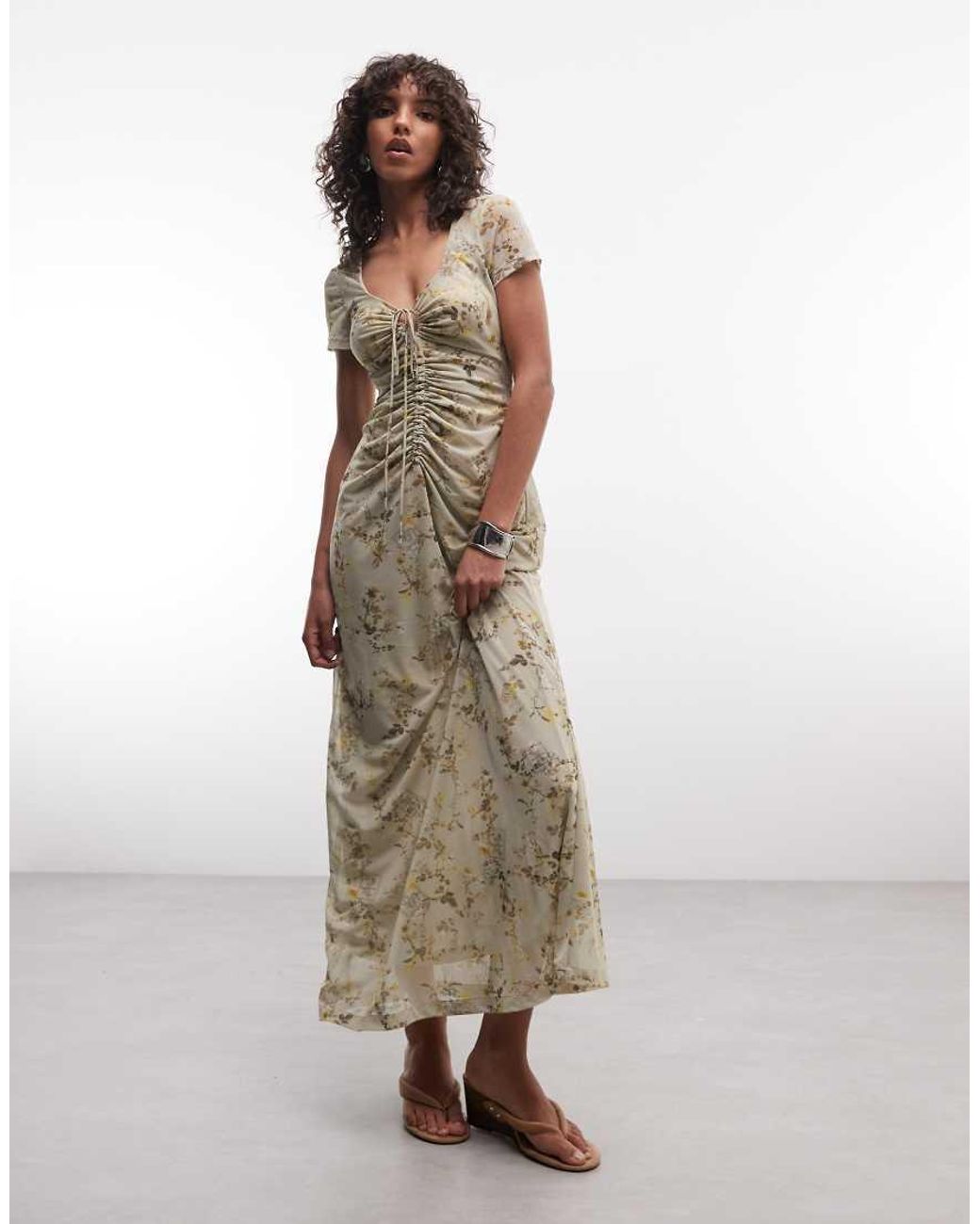 AllSaints Natural Gabby Short Sleeve Gathered Floral Mesh Midi Dress