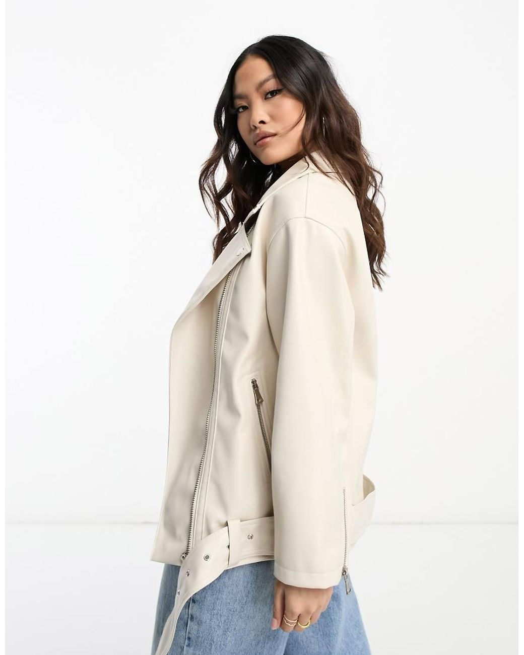 ASOS White Petite Longline Oversized Faux Leather Biker Jacket