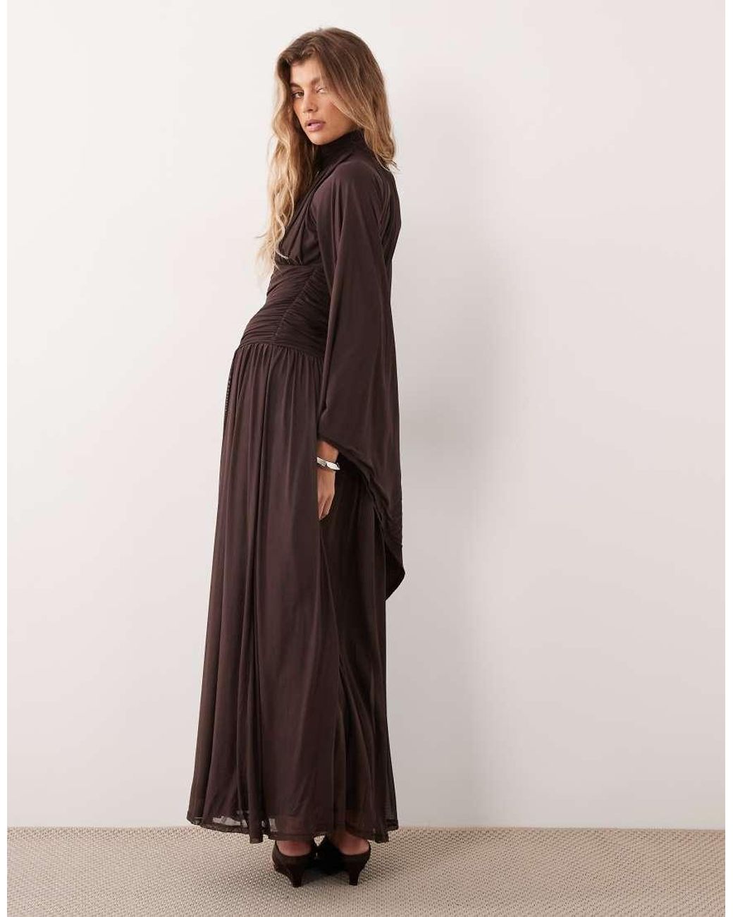 ASOS Brown Mesh High Neck Modesty Maxi Dress With Waterfall Sleeve Detail